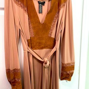 Brown BCBG dress for a cocktail party. Very flattering, deep V & genuine suede.